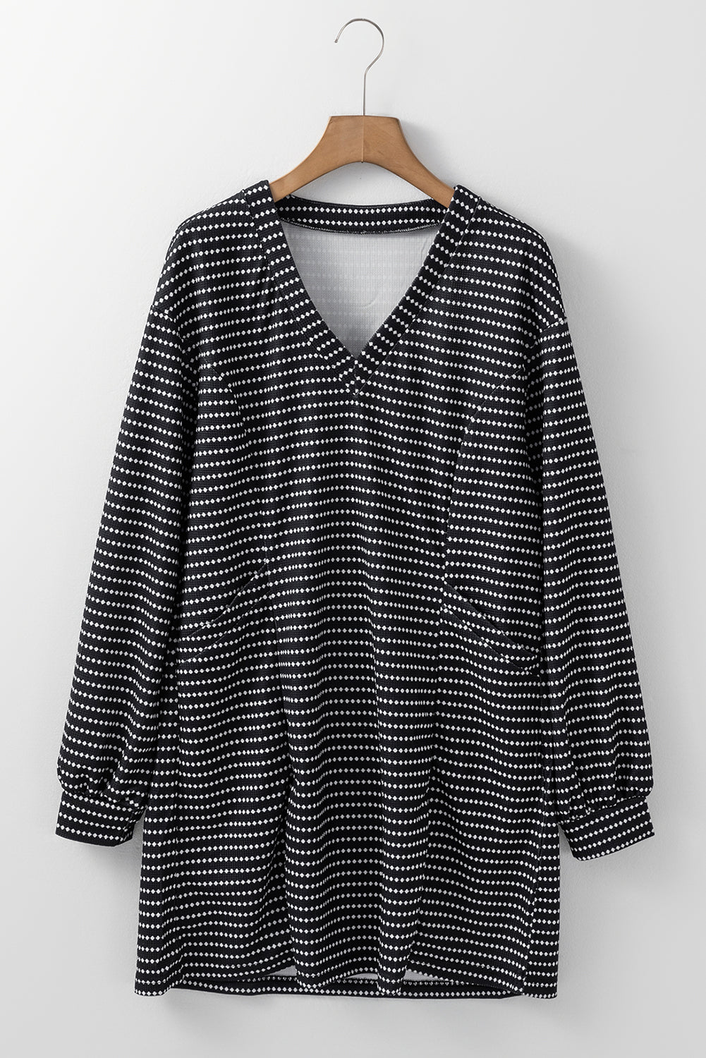 Black Striped V Neck Puff Sleeve Shift Dress