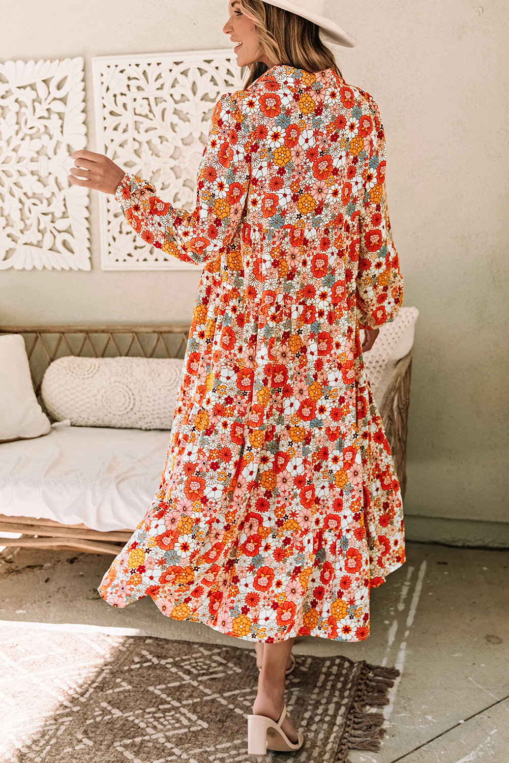 Boho Floral Collared Long Sleeve Ruffled Dress