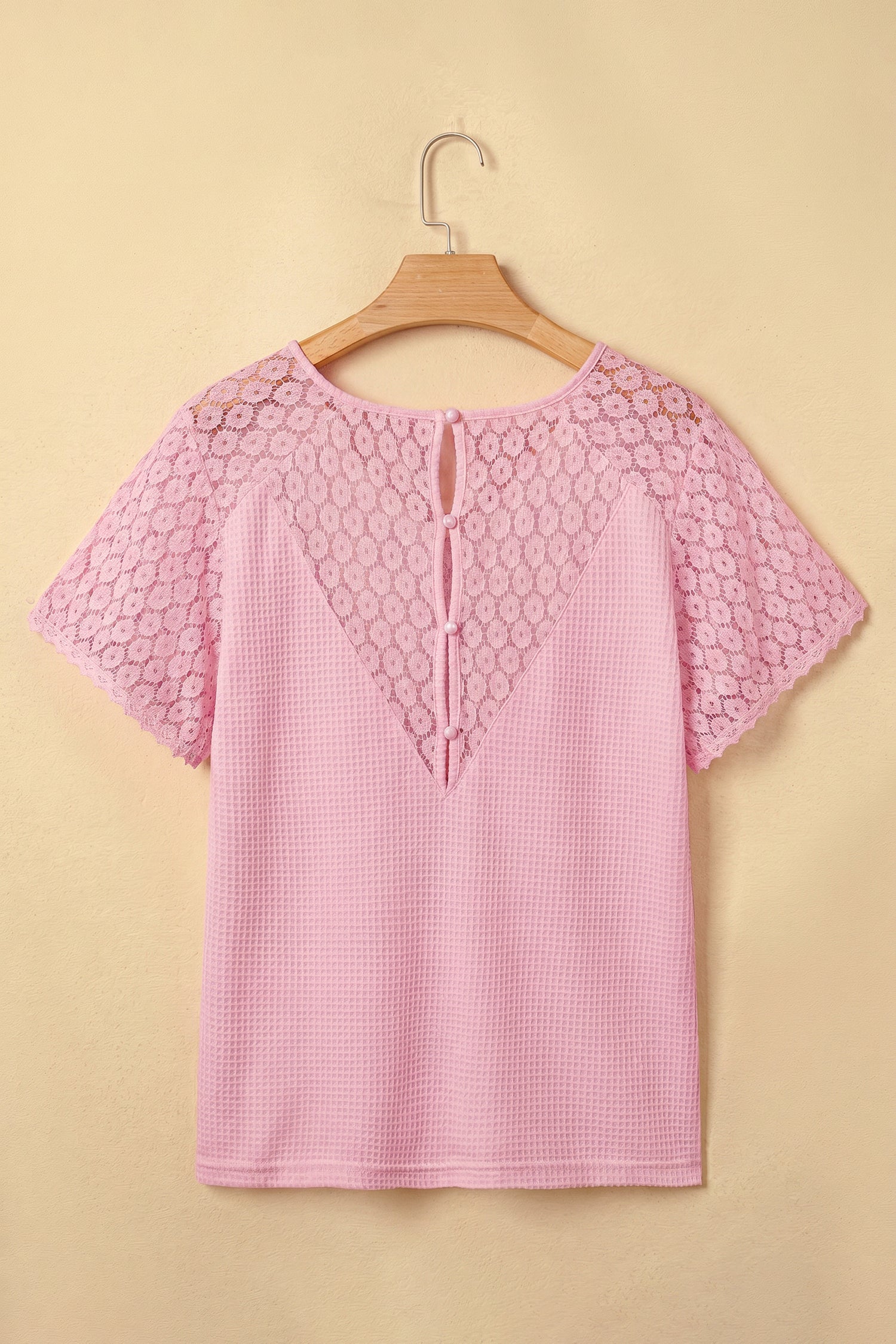 PRE-ORDER: Lace Splicing Button V Neck Waffle Knit Blouse