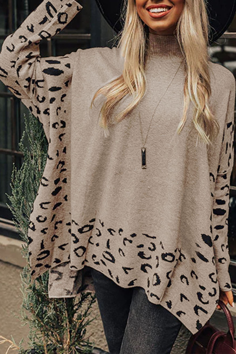 PRE-ORDER: Leopard Casual Side Slit High Neck Oversized Sweater