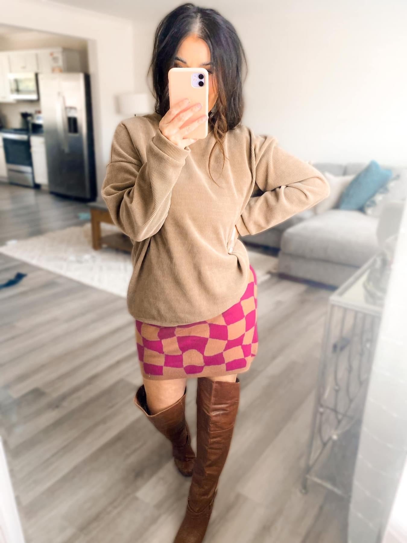 PRE-ORDER Greta Groovy Checkered Sweater Dress