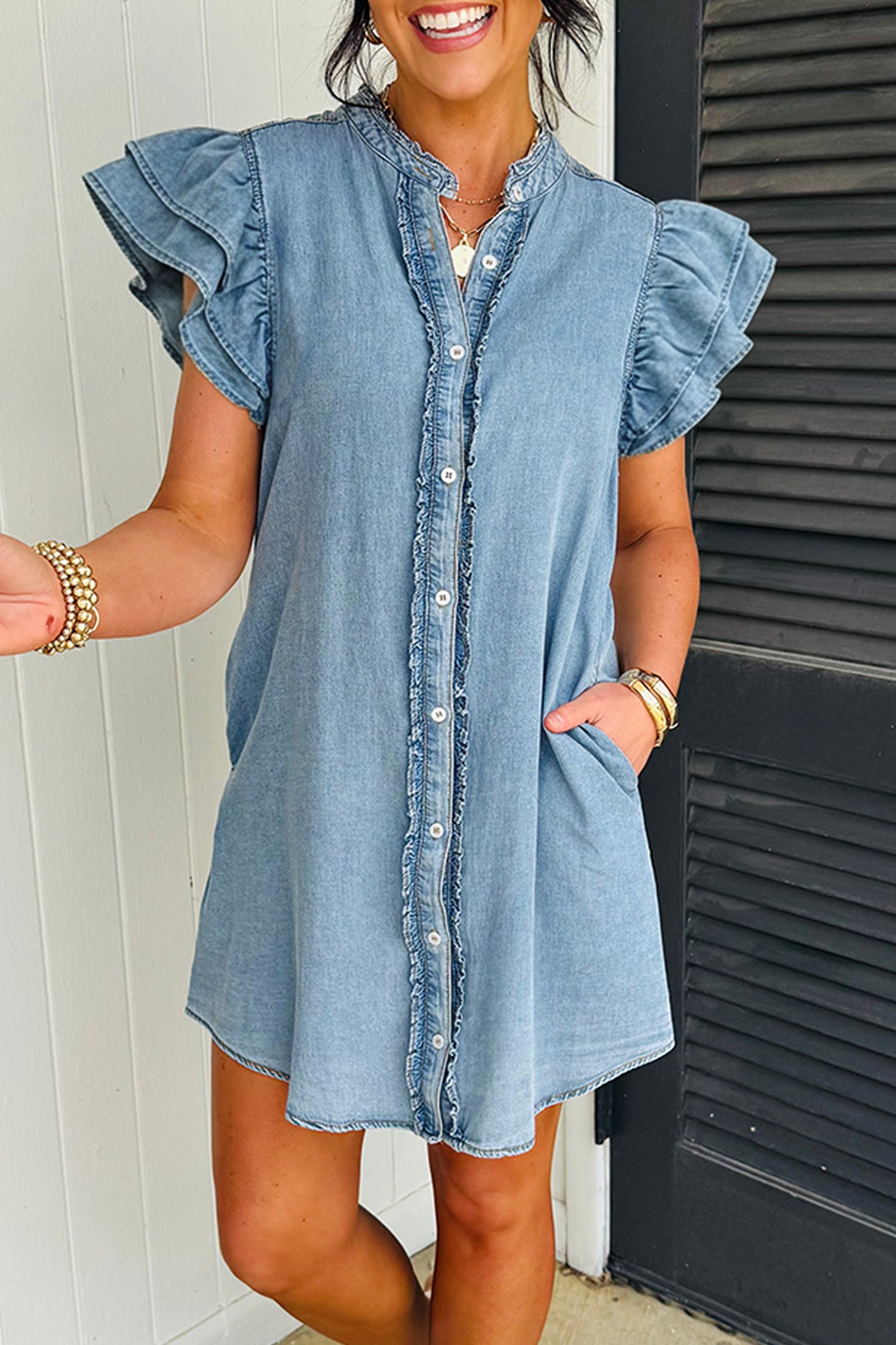 PRE-ORDER: Button Down Ruffle Sleeve Denim Mini Dress
