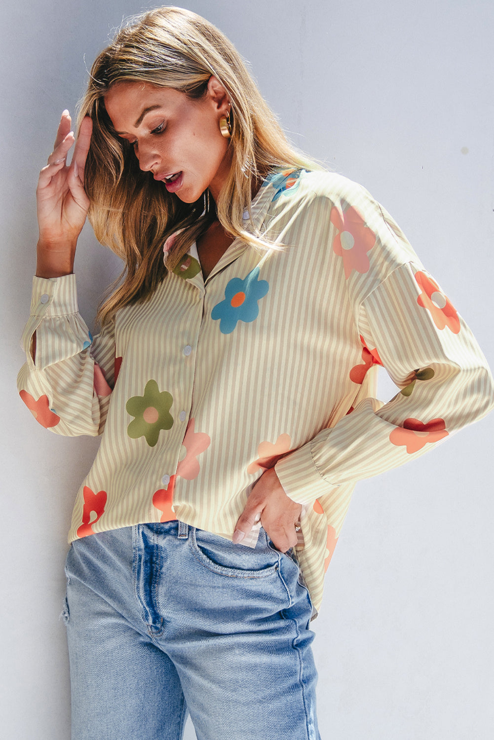 Striped Flower Print Collared Button down Top