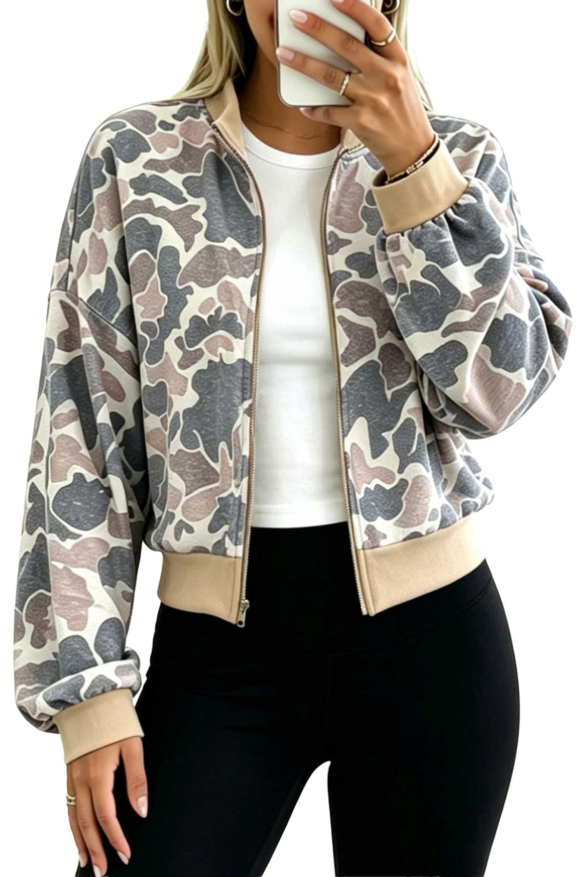 PRE-ORDER: Camouflage Color Block Trim Zip Bomber
