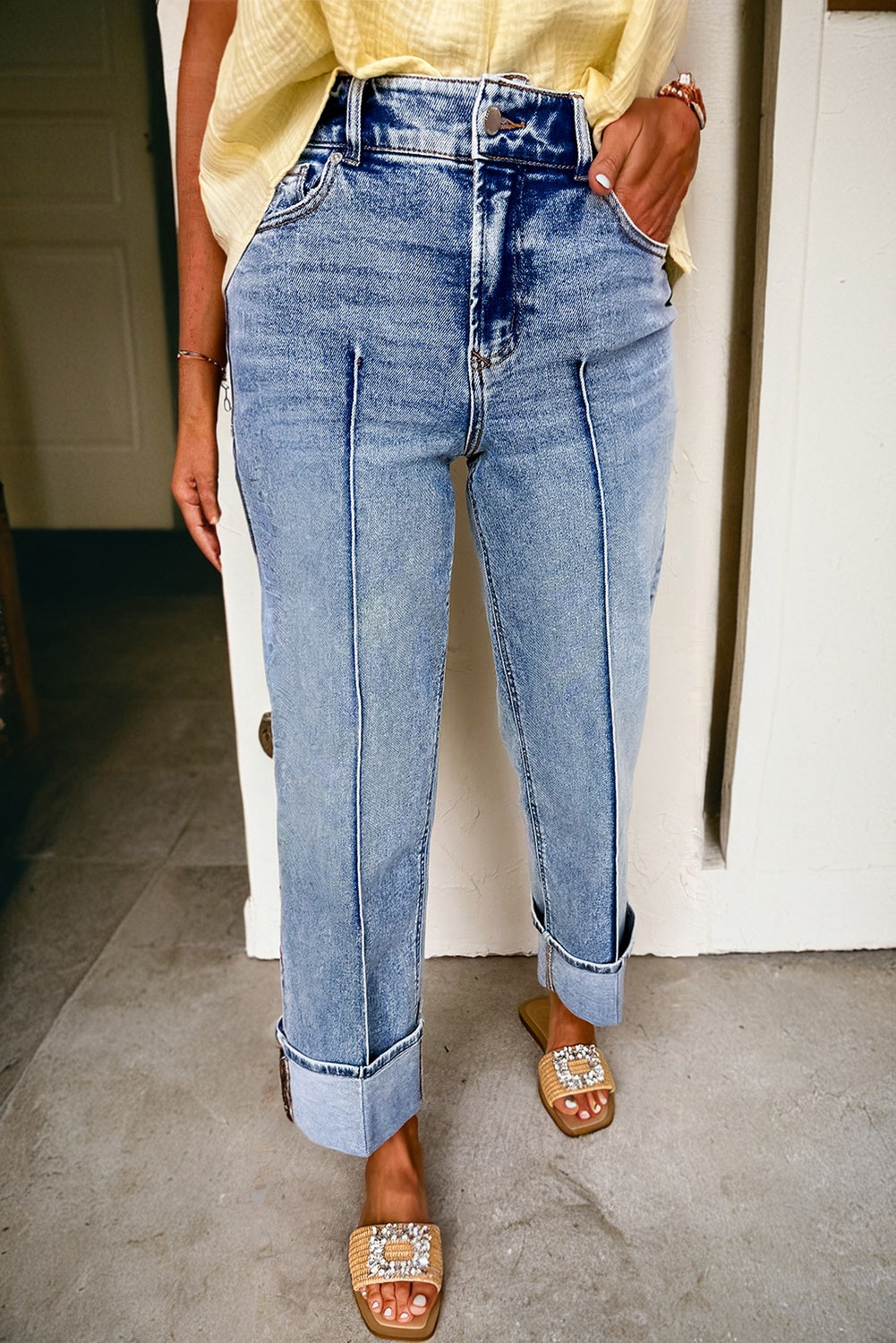 PRE-ORDER: Center Seam Cuffed Hem Straight High Waist Jeans