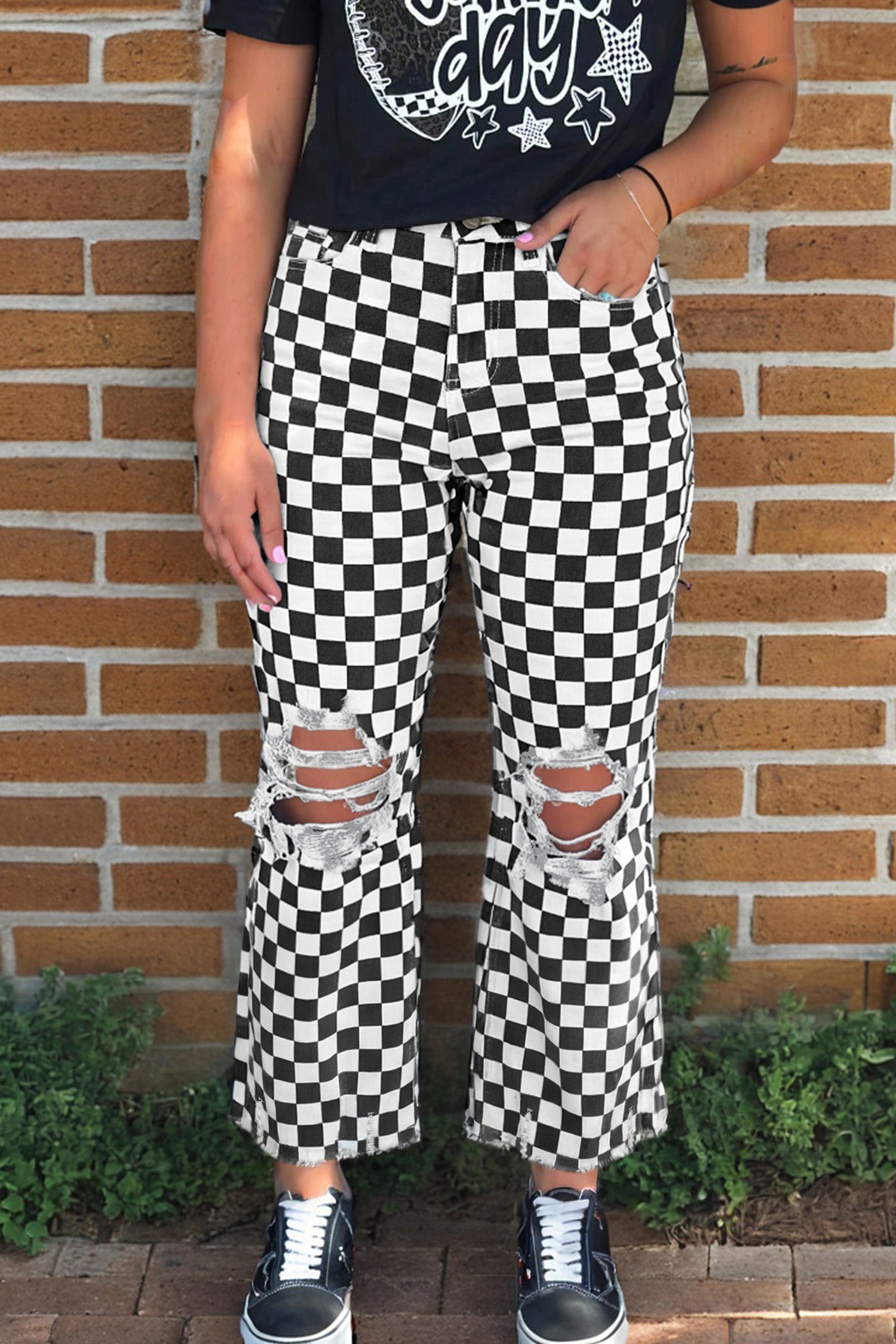 PRE-ORDER: Checkerboard Print Distressed Raw Edge Cropped Jeans