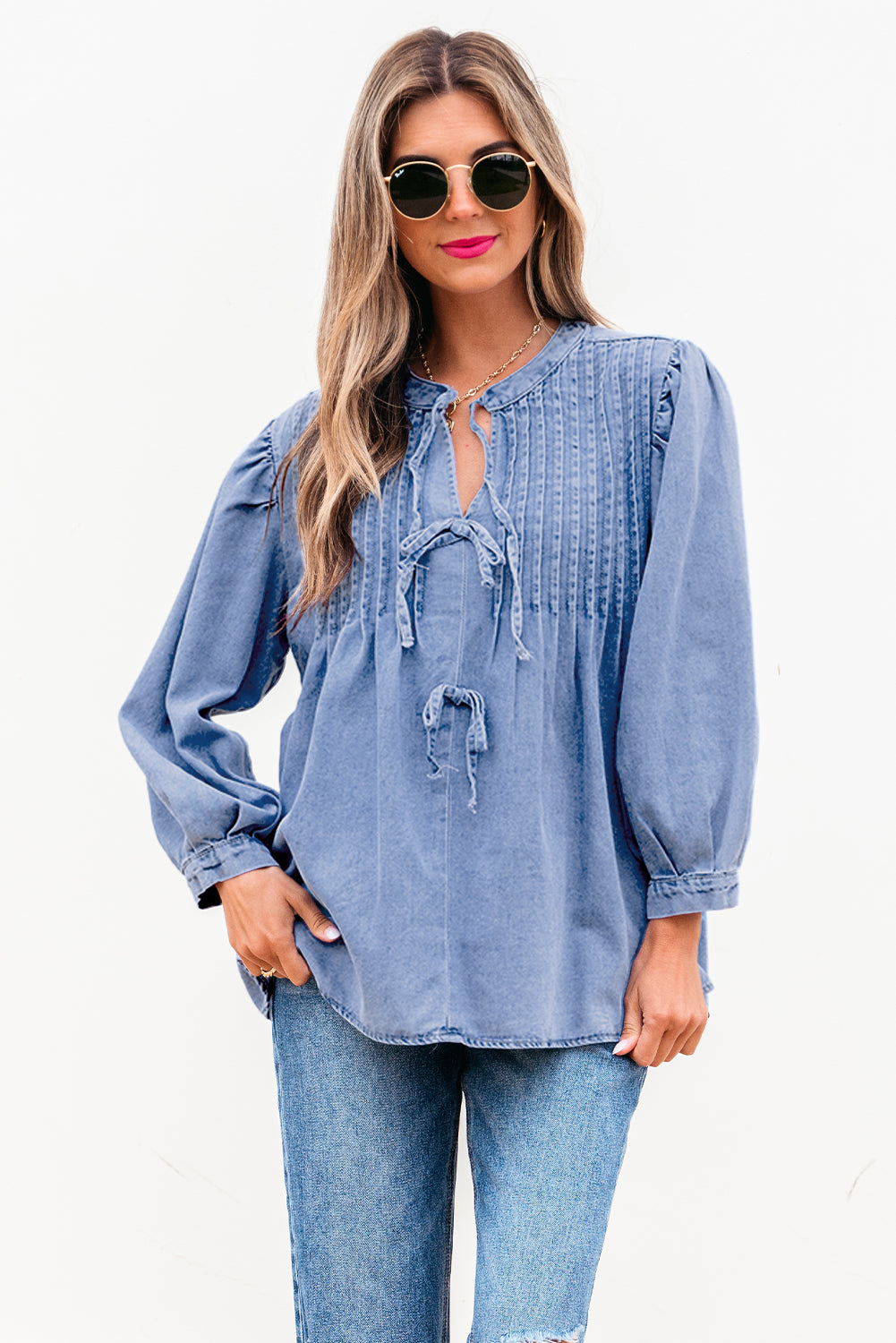 Denim Blue Front Pintuck Bow Tie Puff Sleeve Blouse