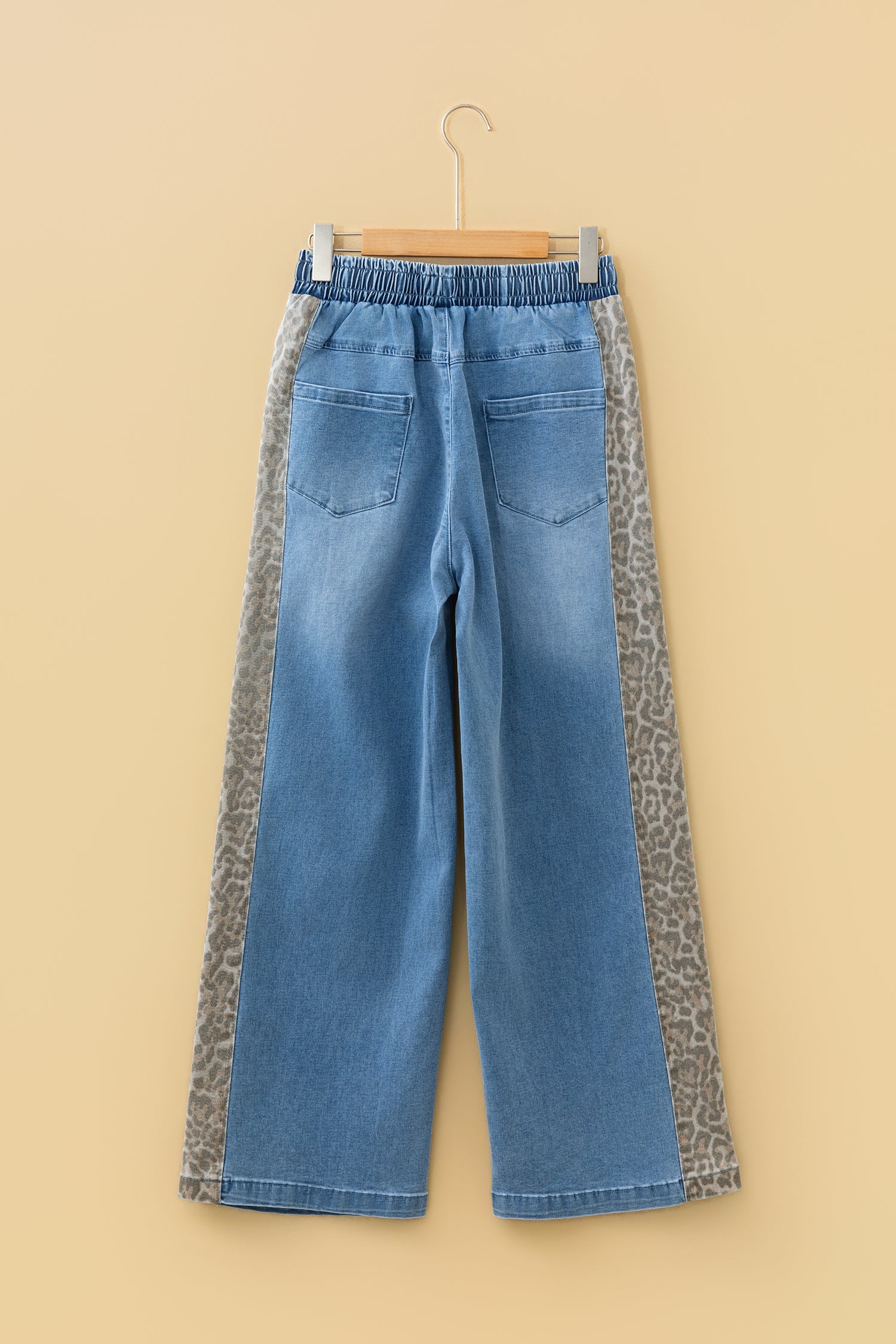 PRE-ORDER: Beau Blue Drawstring Elastic Waist Leopard Striped Side Panel Wide Leg Jeans