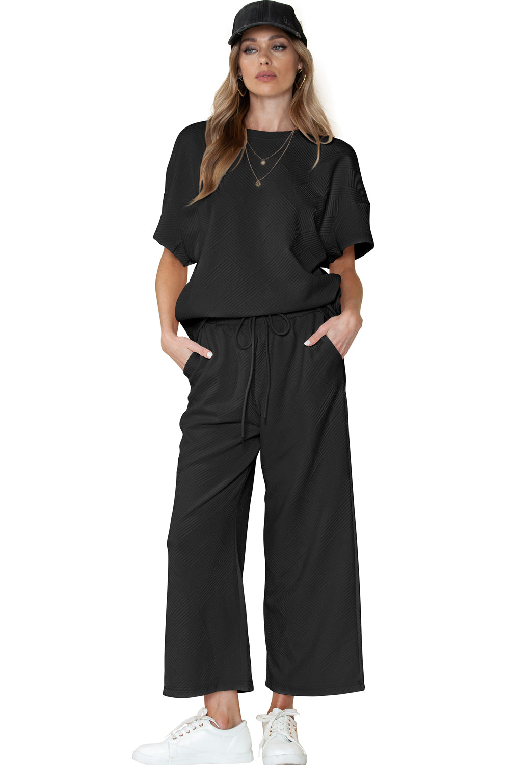 Textured Loose Fit Tee and Pants Set