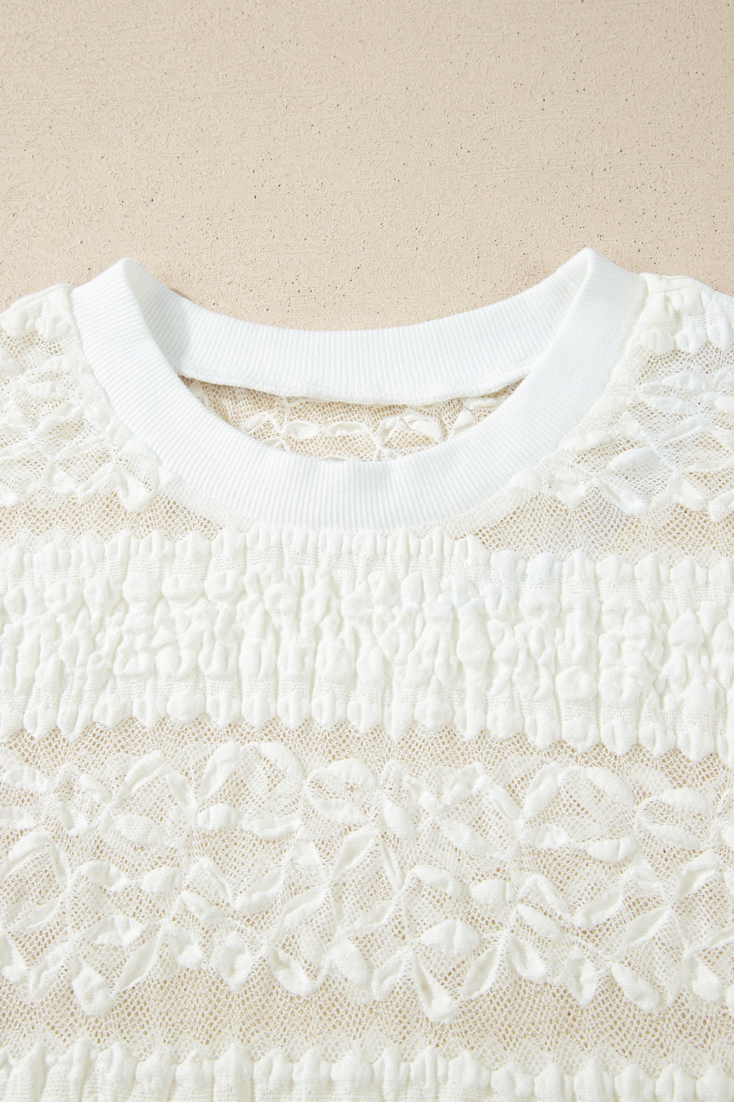 PRE-ORDER: Sheer Lace Textured Patchwork Short Sleeve Top