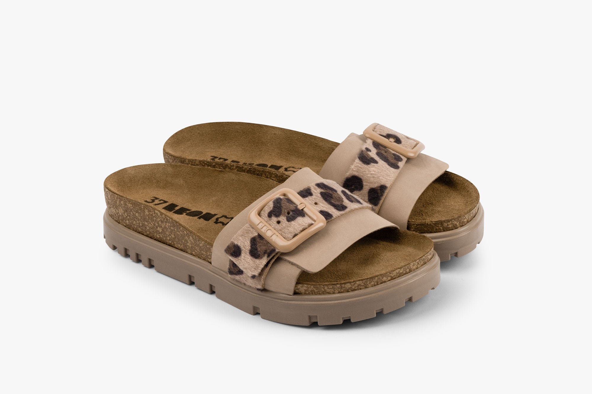 Tessa Leather Sandal – Layered Strap Slide with Cork-style Footbed & Adjustable Buckle