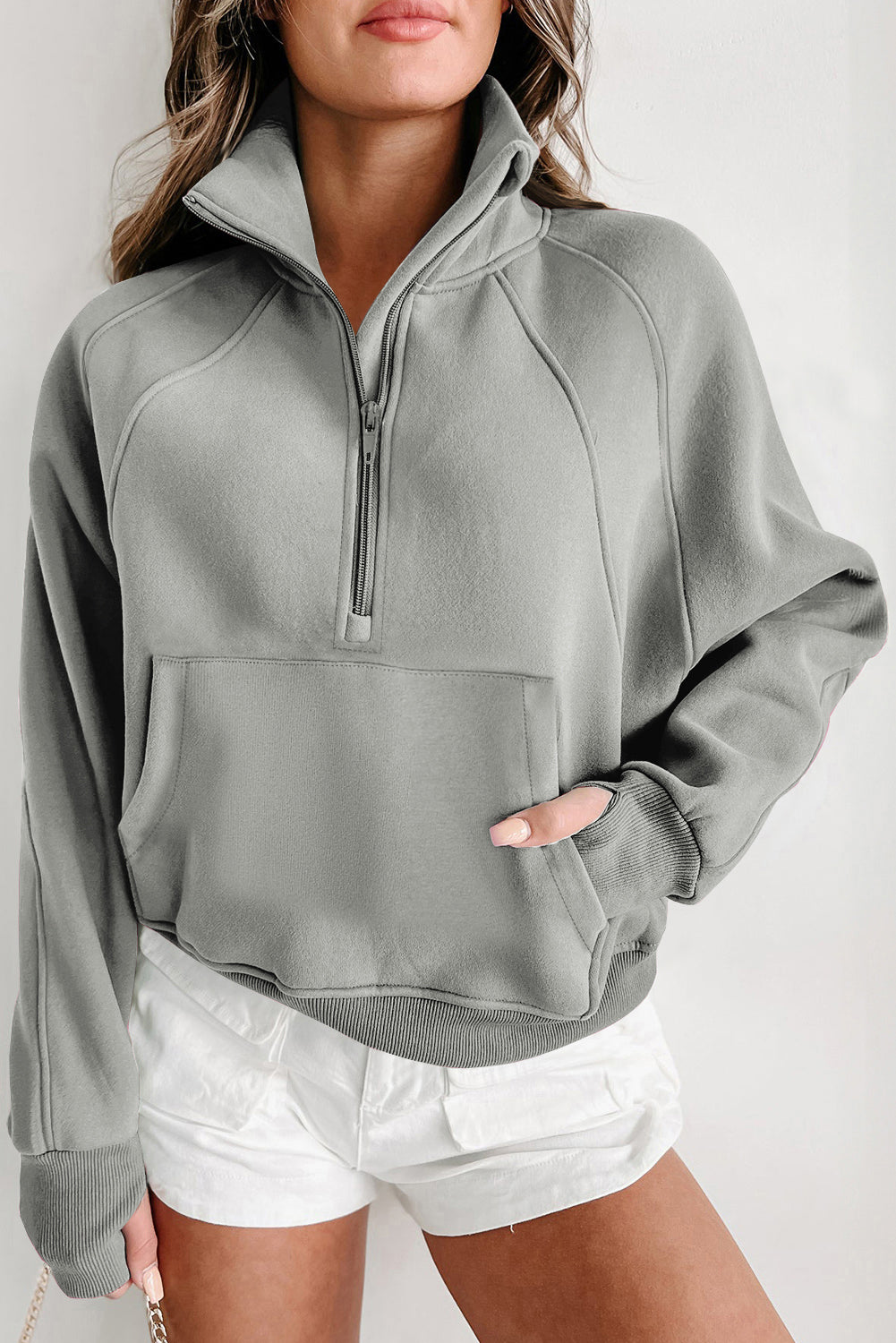 PRE-ORDER: Zip Up Stand Collar Thumbhole Sleeve Sweatshirt