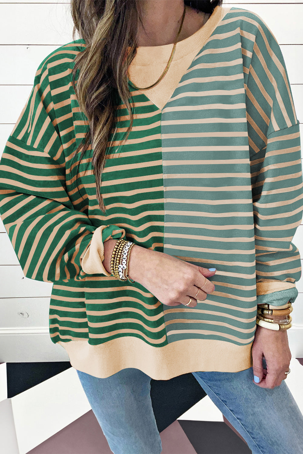 Casual Striped Colorblock Drop Shoulder Oversized Sweatshirt