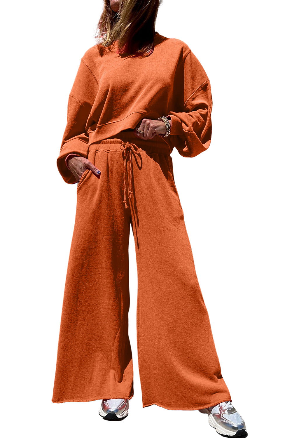 Drop Shoulder Crop Pullover Drawstring Wide Leg Pants Set