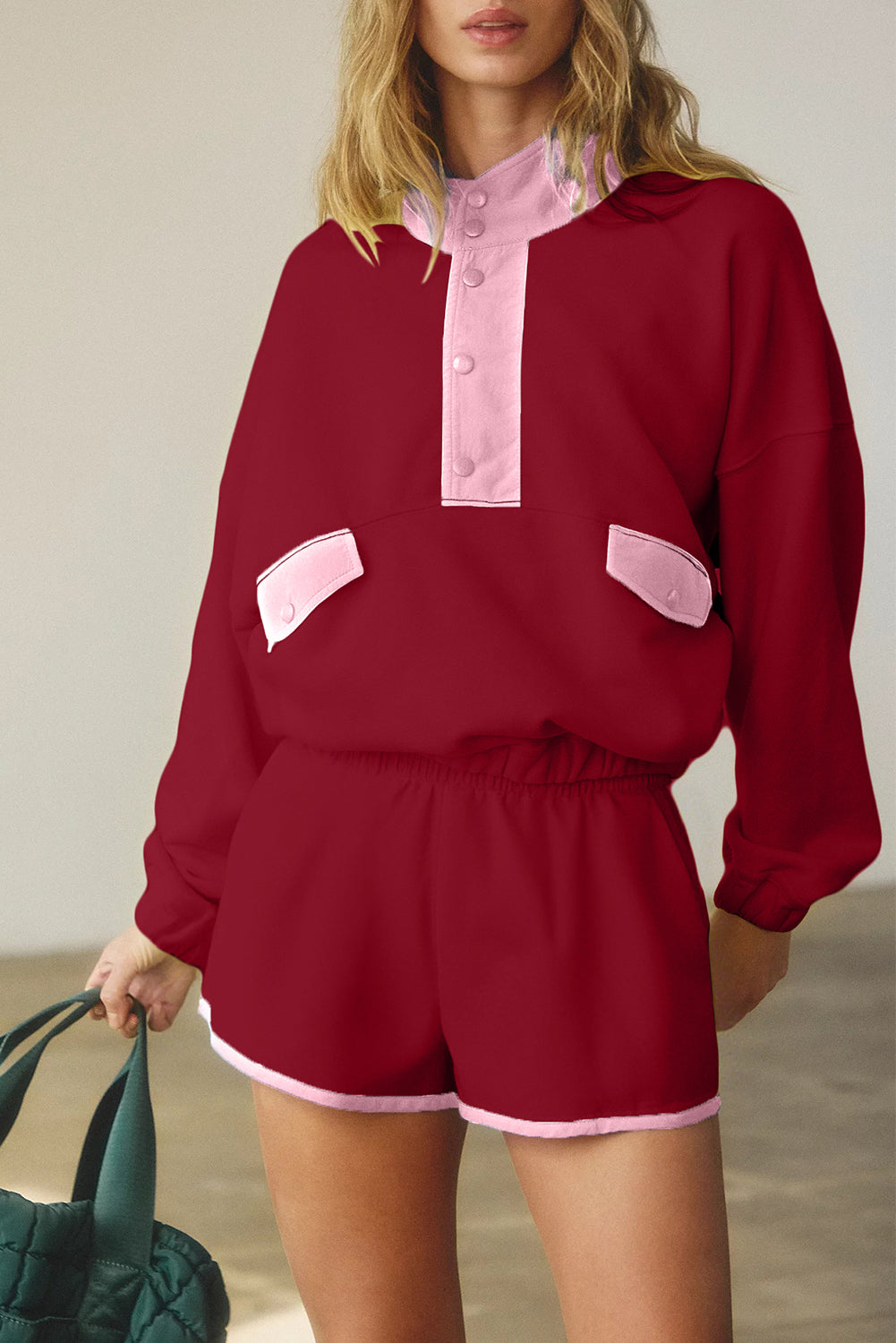 PRE-ORDER: Colorblock Patchwork Half Button Pullover and Shorts Outfit