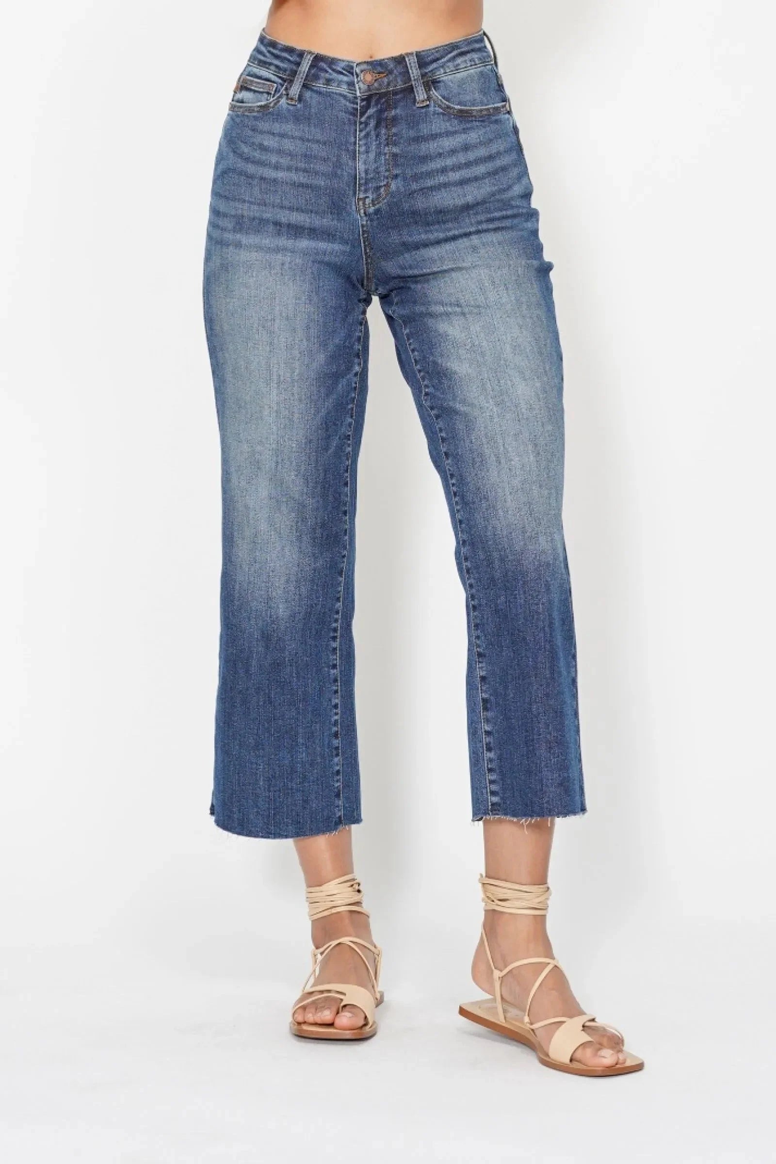 High Waist Back Pocket Embroidery Crop Wide Jeans