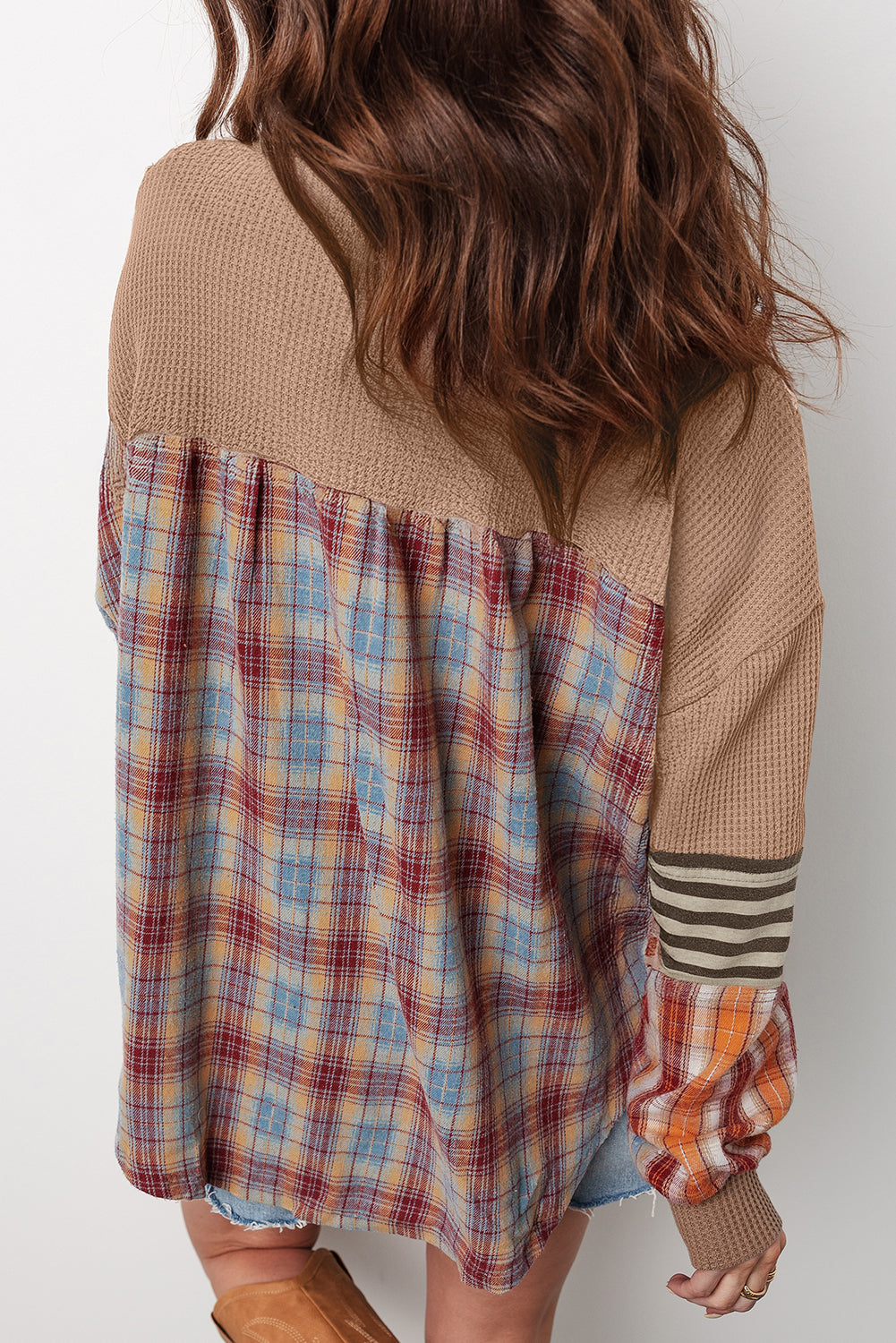 Striped Plaid Patchwork Waffle Knit Top