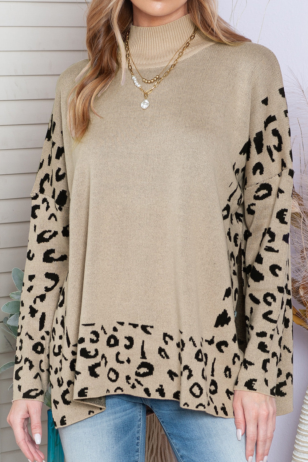 PRE-ORDER: Leopard Casual Side Slit High Neck Oversized Sweater
