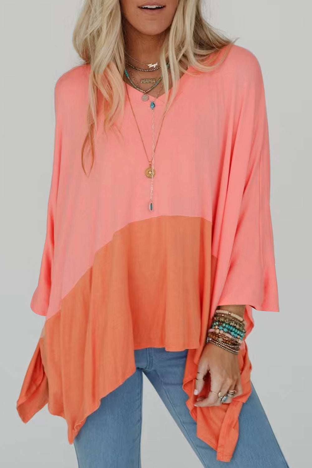 PRE-ORDER: Grapefruit Orange Colorblock V Neck Oversized Top
