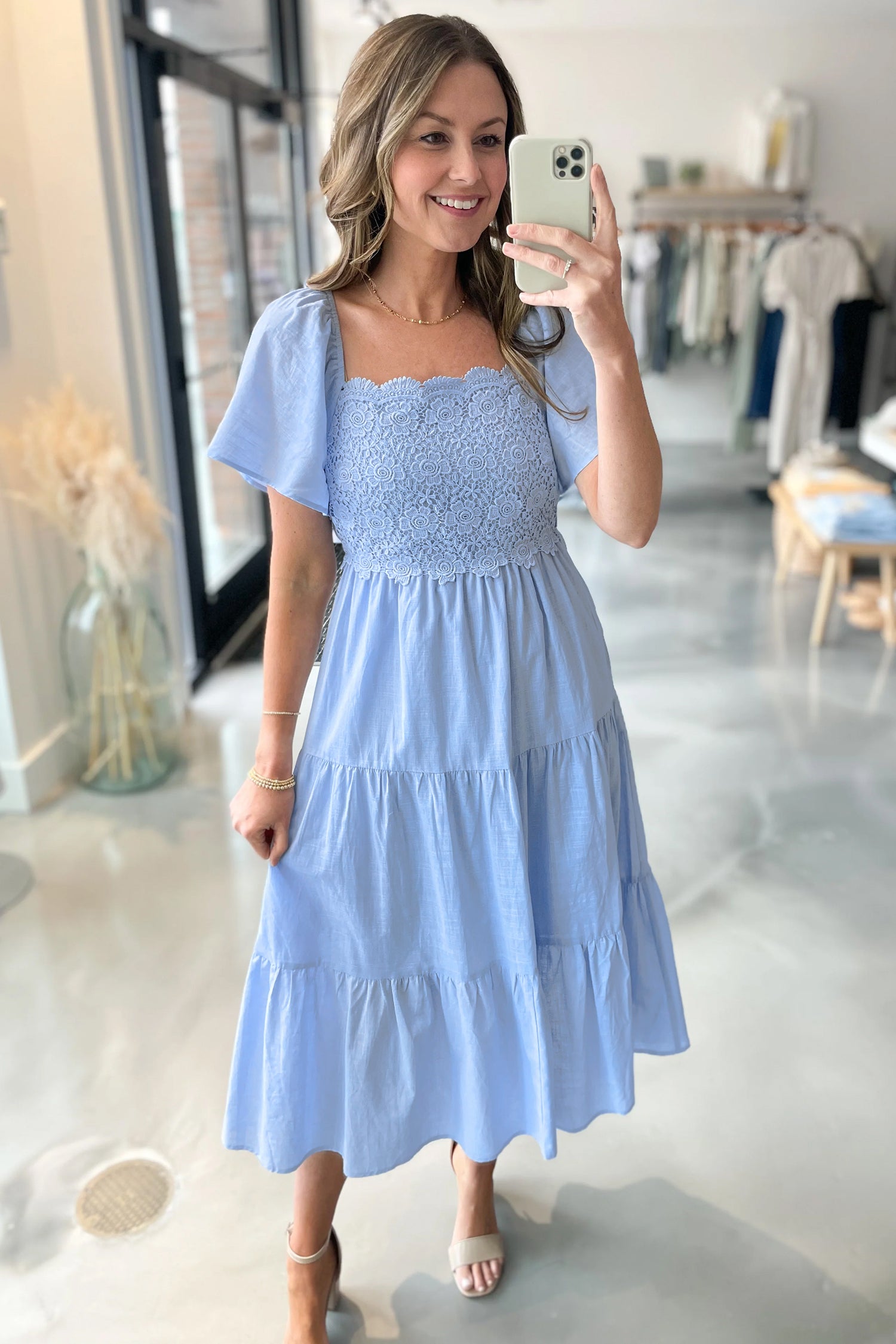 PRE-ORDER: Short Sleeve Lace Detail Square Neck Tiered Midi Dress