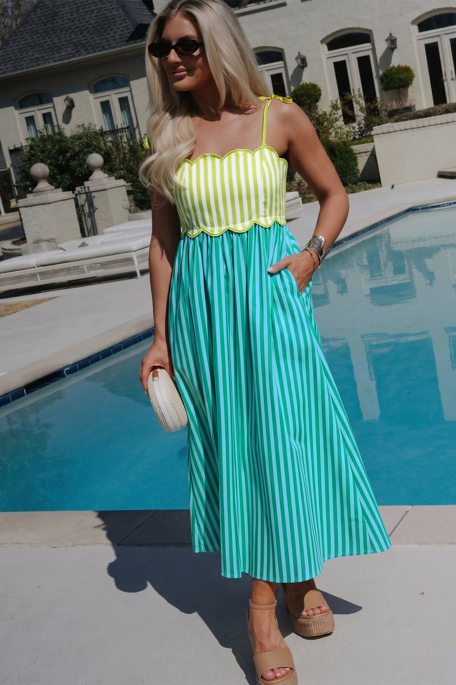 PRE-ORDER: Green Stripe Scalloped Contrast Knot Strap Midi Dress