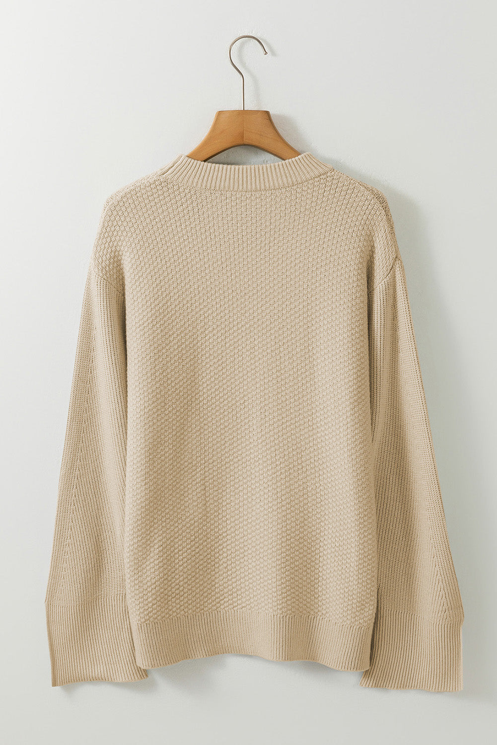 Solid Textured Knit Split Cuff Drop Shoulder Sweater