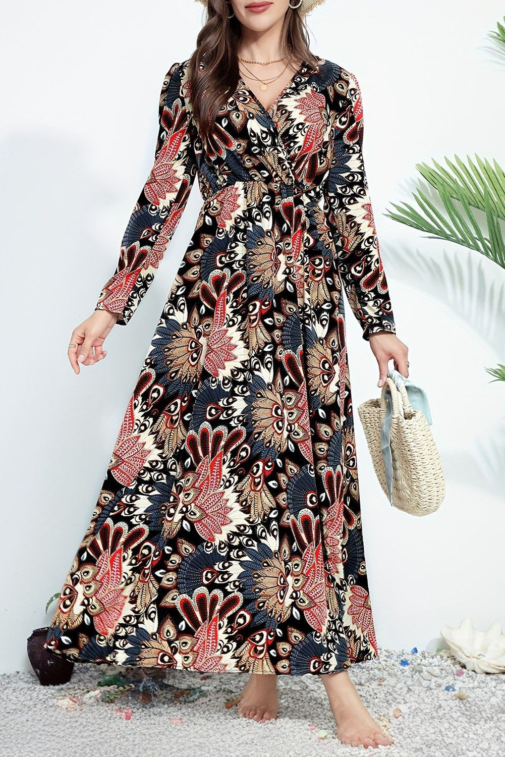 Black Floral V Neck Wrap High Waist Maxi Dress