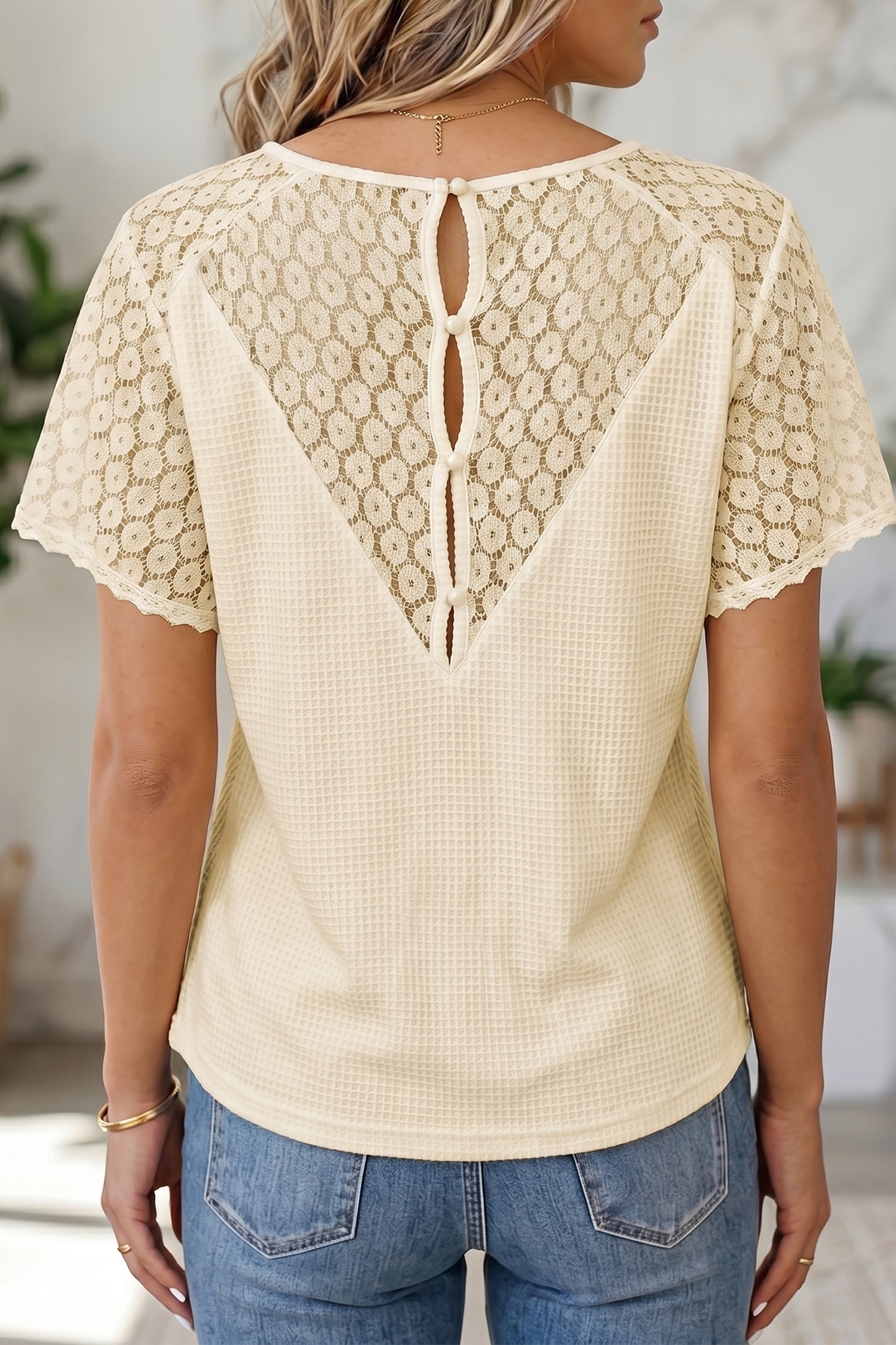 PRE-ORDER: Lace Splicing Button V Neck Waffle Knit Blouse