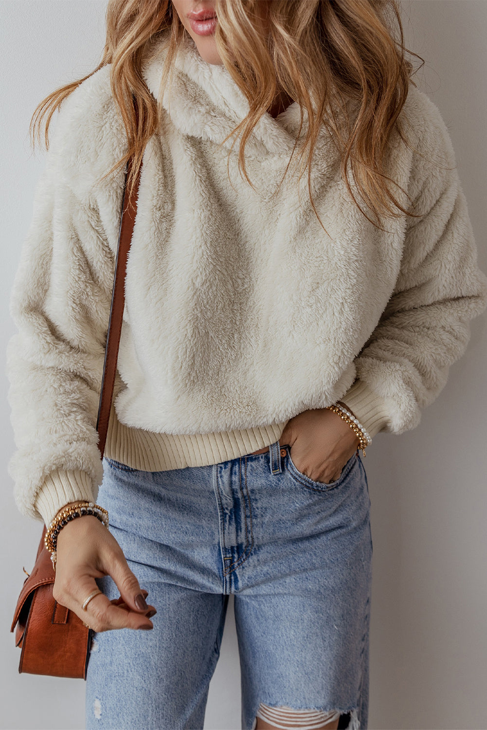 White Ribbed Edge Plush Hoodie