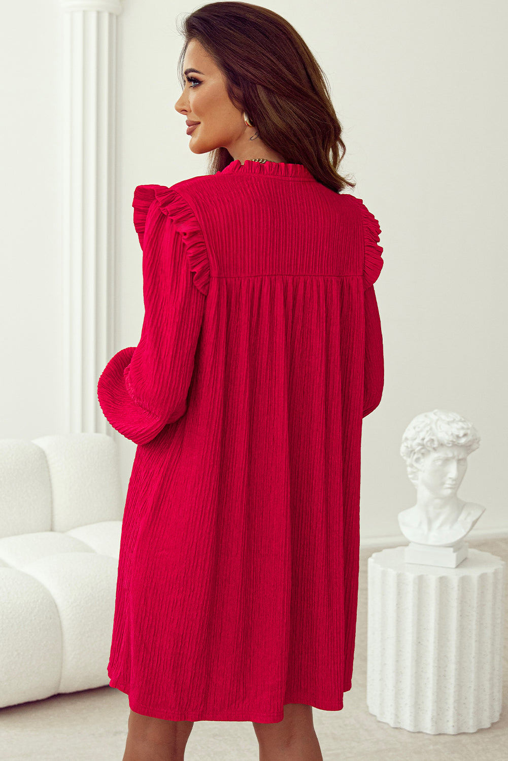 Fiery Red Textured Ruffled Trim Loose Fit Mini Dress