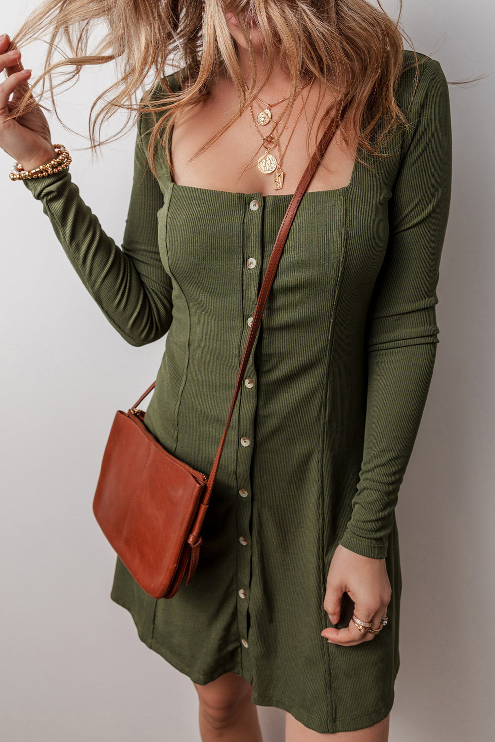 Green Ribbed Knit Square Neck Buttoned Long Sleeve Mini Dress