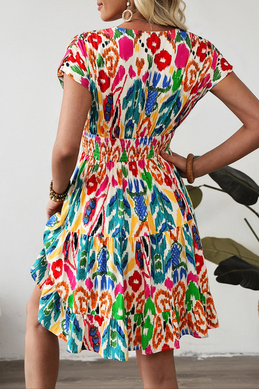 Abstract V-Neck Ruffle Mini Dress
