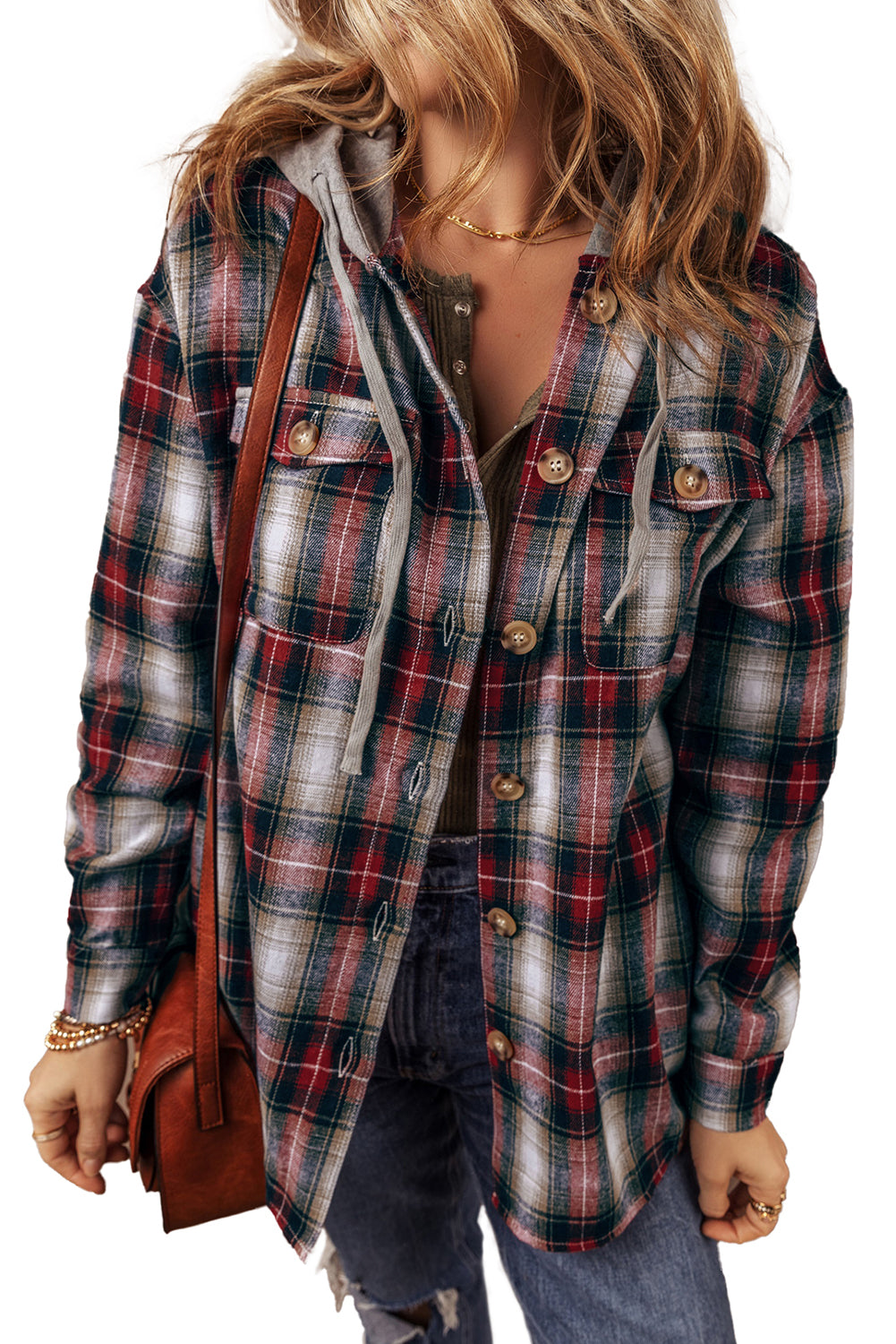 PRE-ORDER: Red Plaid Print Chest Pocket Button Hooded Shacket