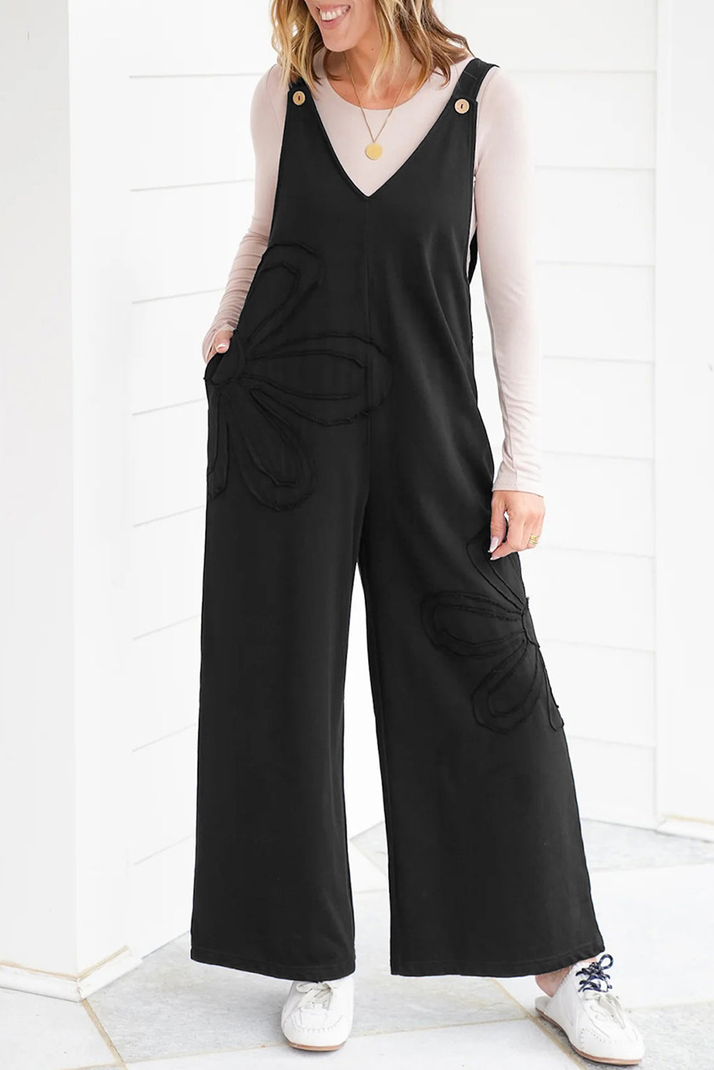 PRE-ORDER: Raw Seam Big Flower Patched Loose Overall Jumpsuit