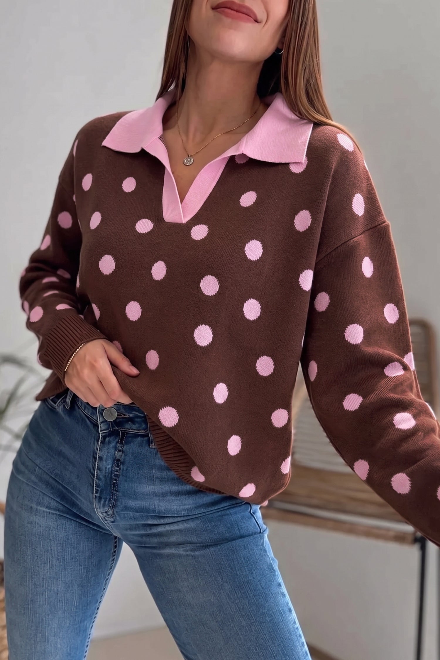 PRE-ORDER: Pink Polka Dot Color Block Collared Loose Pullover