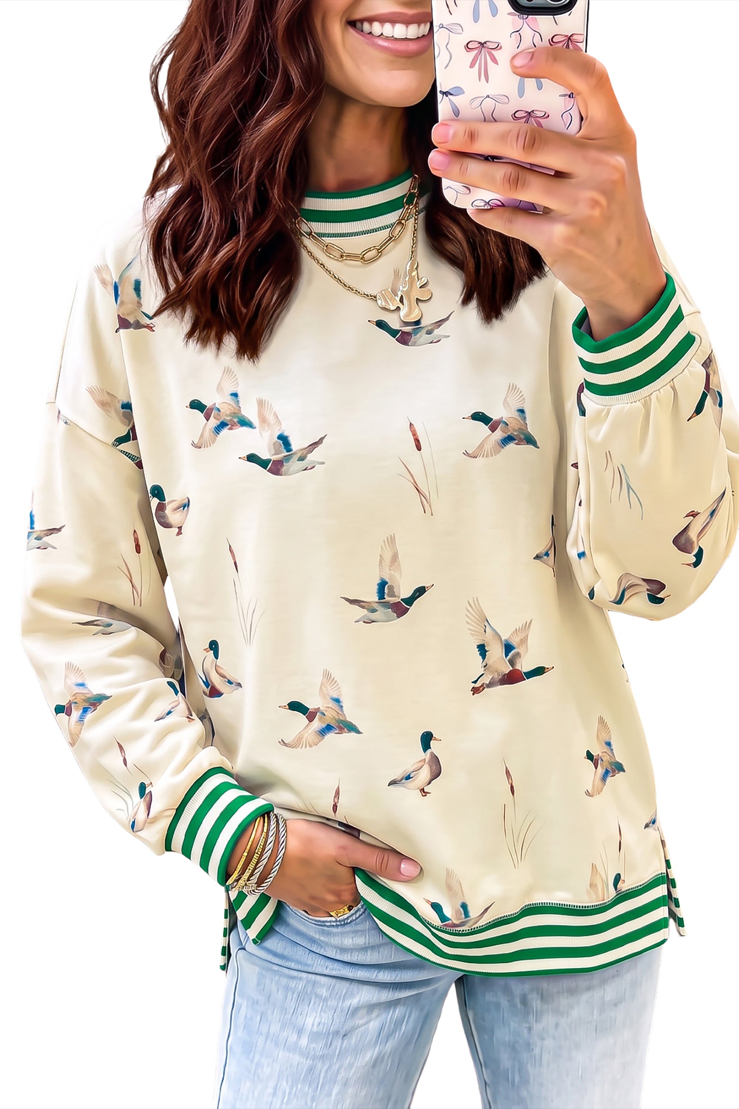PRE-ORDER: Beige Duck Print Casual Sweatshirt