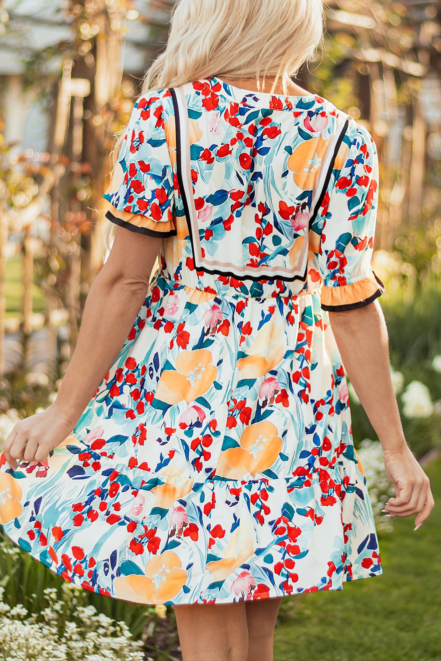 Floral Half Zip Ruffle Mini Dress
