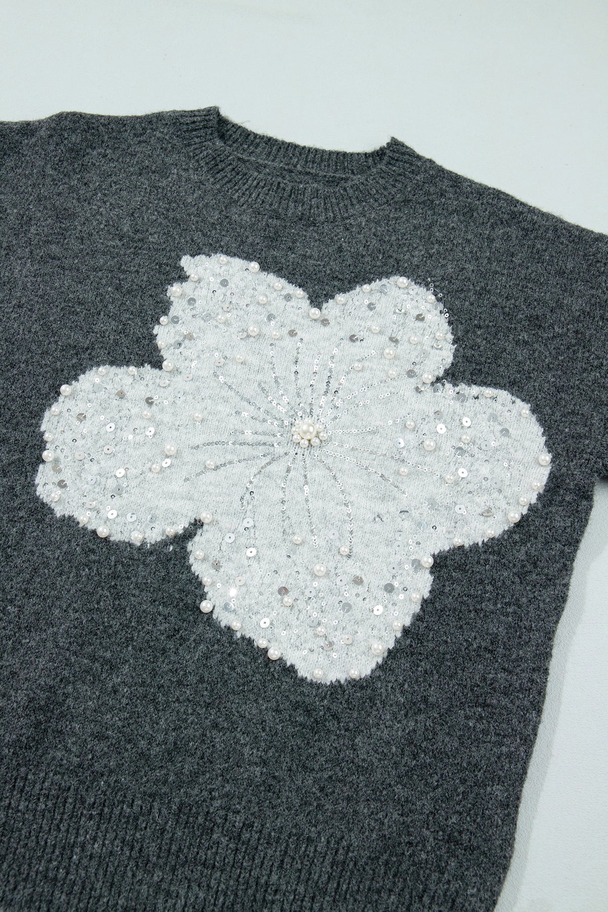 PRE-ORDER: Dark Grey Beaded Floral Accent Casual Round Neck Sweater