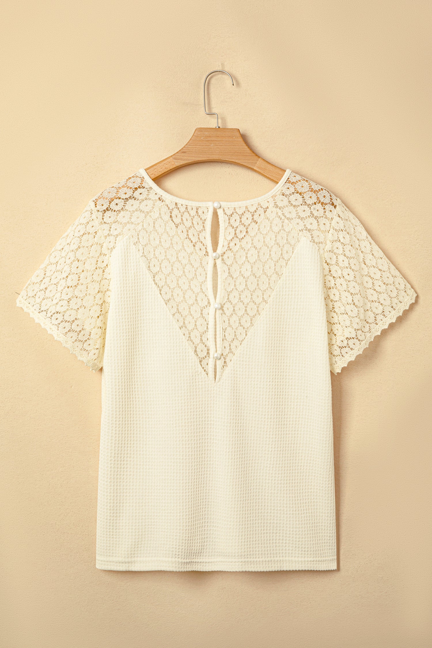 PRE-ORDER: Lace Splicing Button V Neck Waffle Knit Blouse