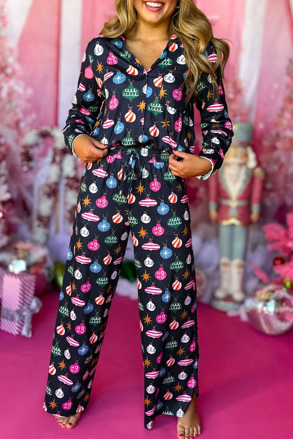 PRE-ORDER: Colorful Christmas Lights Print Shirt and Pants Pajama Set