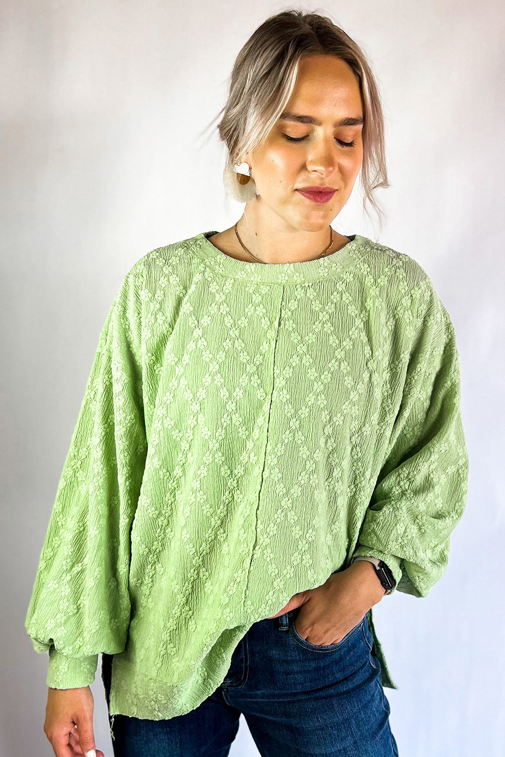 Light Green Textured Side Split Crew Neck Blouse