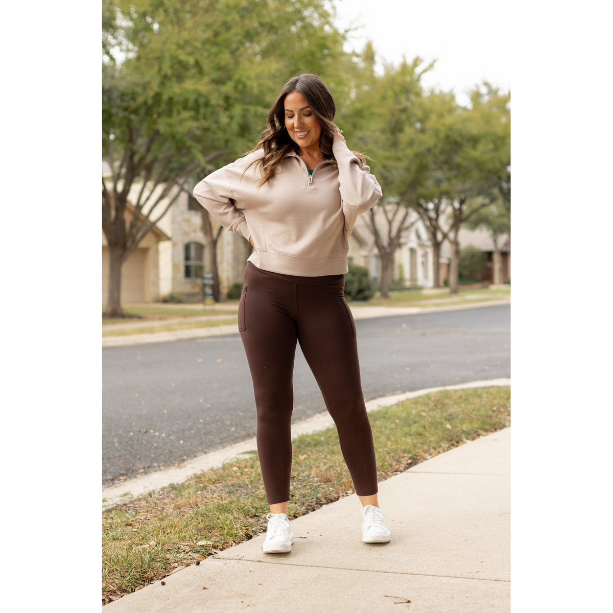 The Belle - Brown FLEECE Full Length Leggings with Pockets