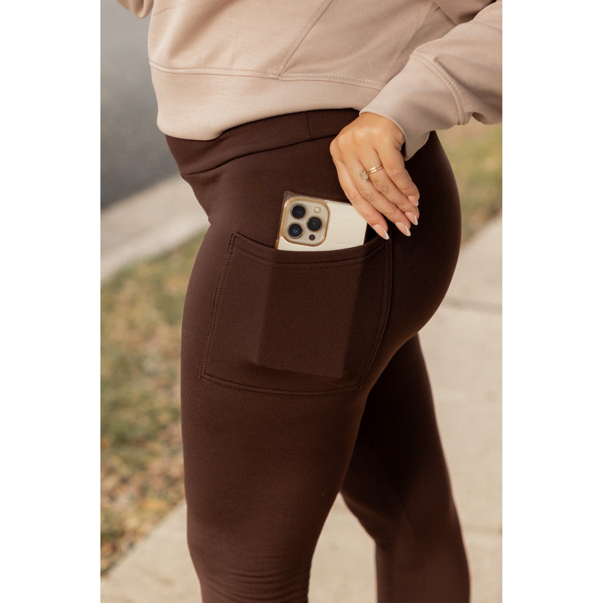 The Belle - Brown FLEECE Full Length Leggings with Pockets