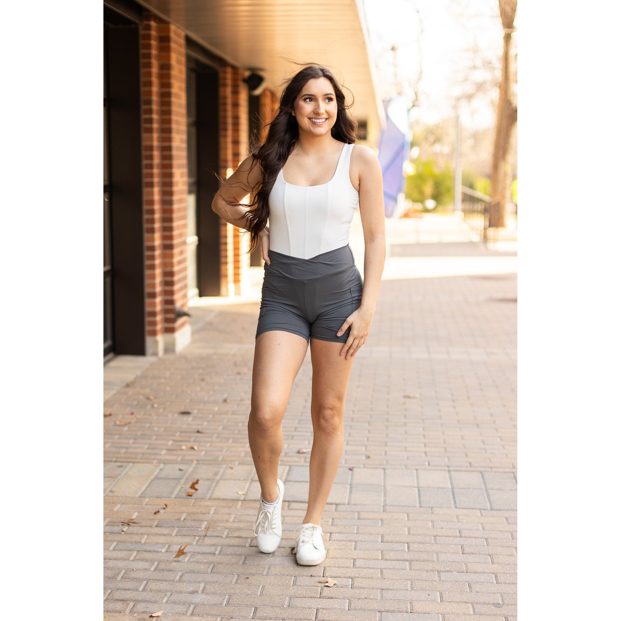 Julia Rose The Caleigh charcoal crossover 5-inch biker shorts high-waisted women’s shorts