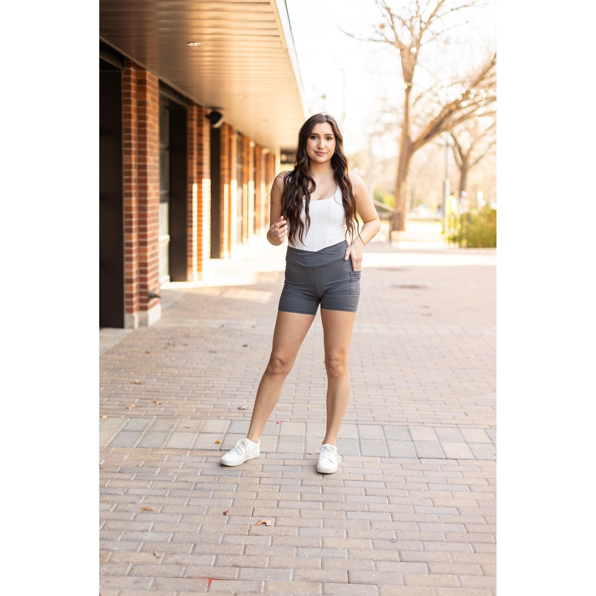 Julia Rose The Caleigh charcoal crossover 5-inch biker shorts high-waisted women’s shorts