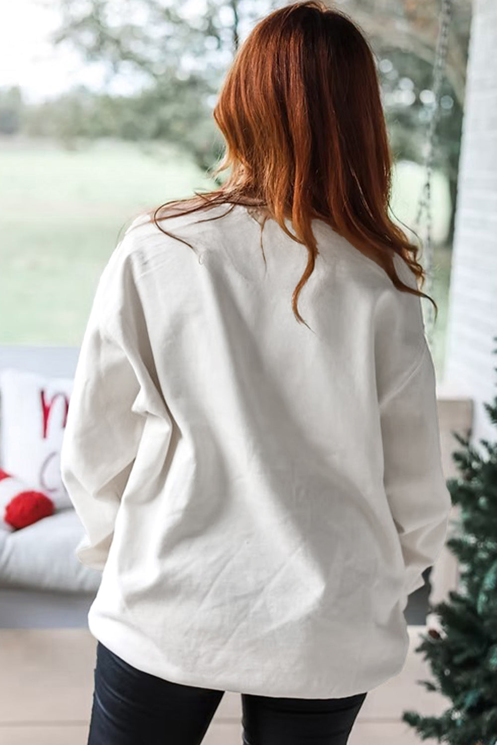 PRE-ORDER: White Pearl Plaid Christmas Tree Patched Drop Shoulder Sweatshirt