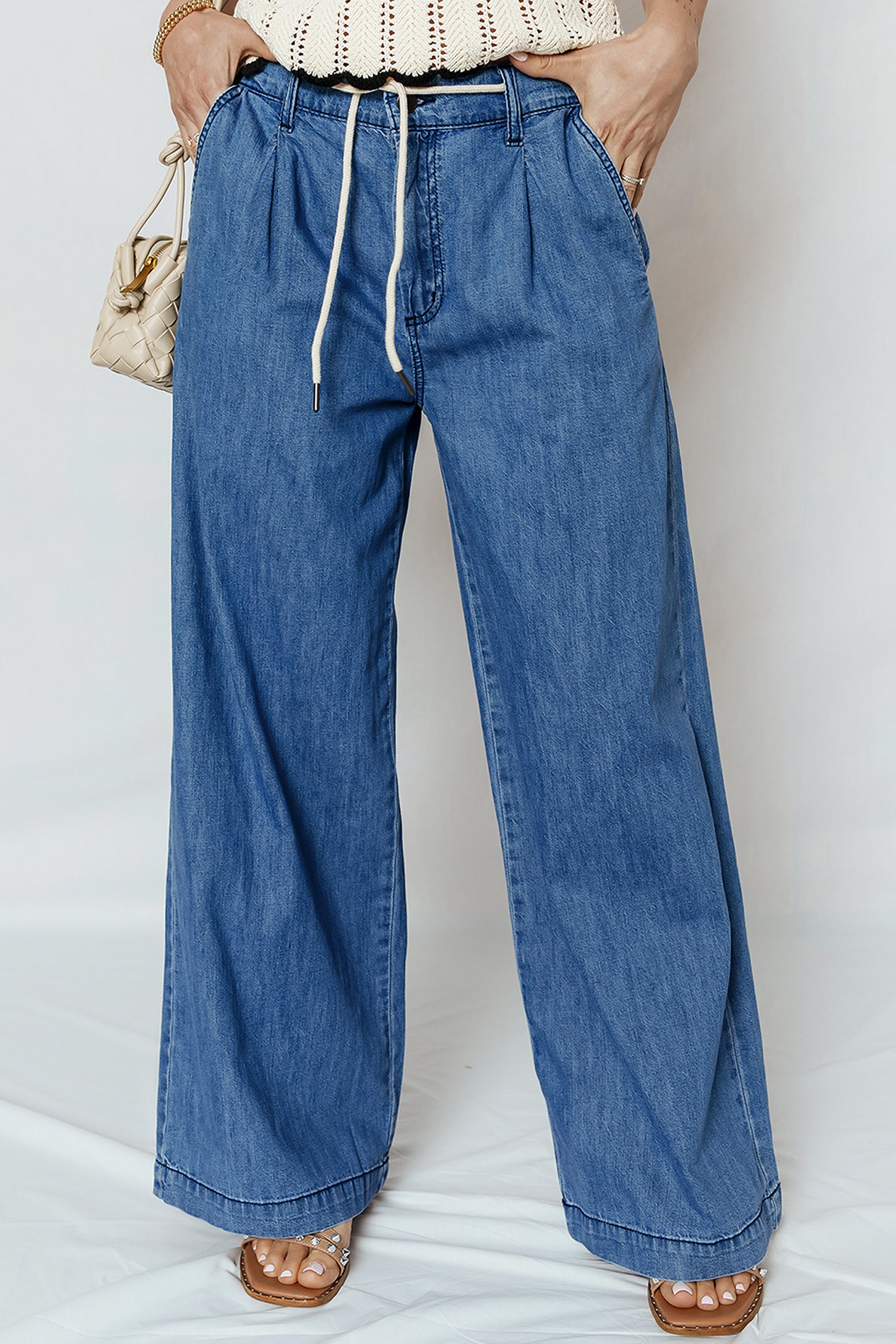 PRE-ORDER: Dusk Blue Lace-up Pull on Wide Leg Jeans