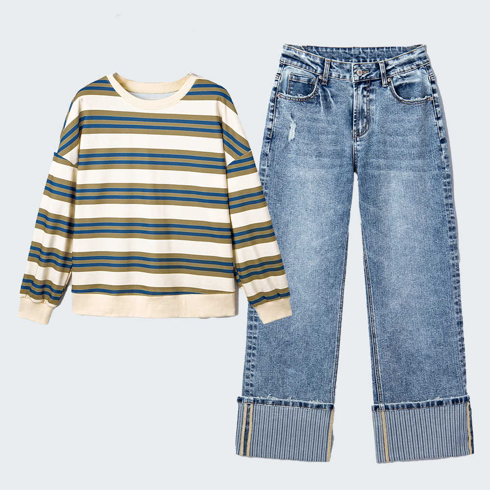 Weekend Stripe Sweatshirt + Cuffed Denim Bundle