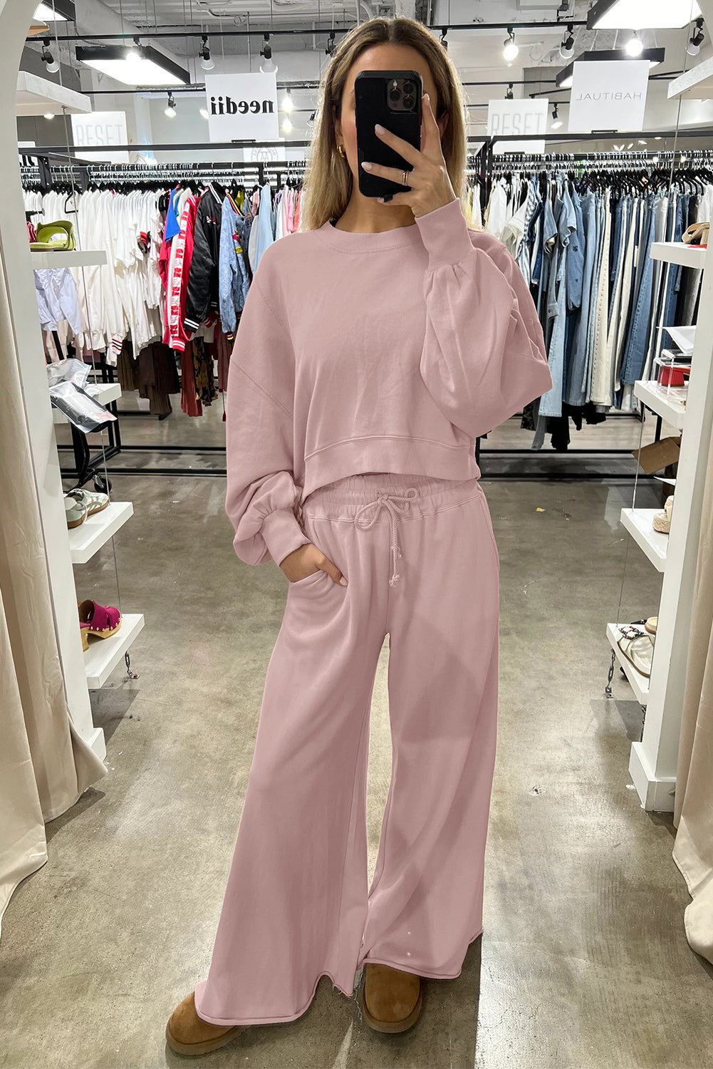 Drop Shoulder Crop Pullover Drawstring Wide Leg Pants Set