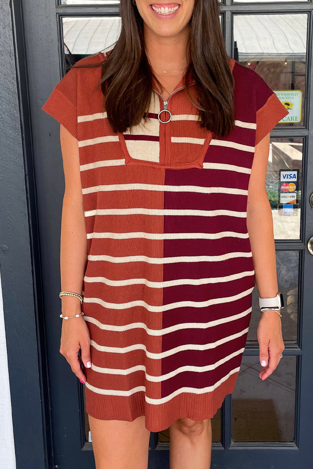Striped Color Block Quarter Zip Sweater Dress